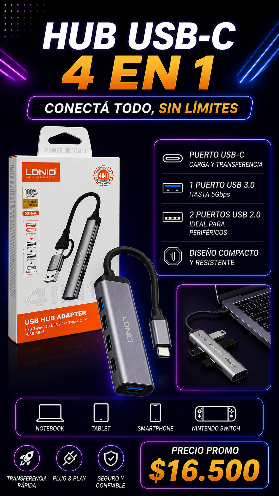 HUB USB + USB C 4 EN 1 LDNIO DS-64C